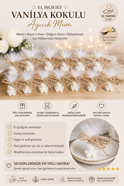 F&A Candle Kişiye Özel El Yapımı Ayıcık Mum – Vanilya Kokulu Nikah Nişan Kına...