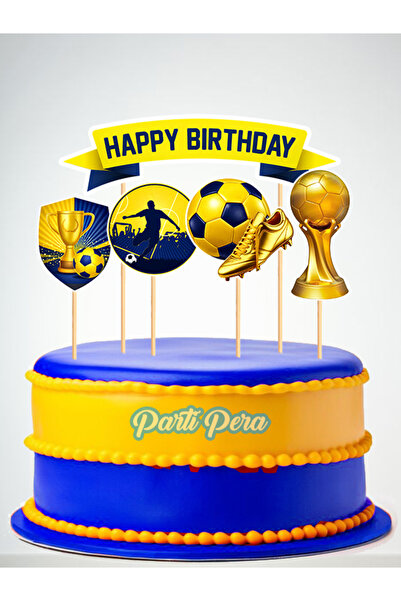 parti pera Sarı Lacivert Futbol Temalı Pasta Süsü 5 Parça Doğum Günü Pasta Süsü