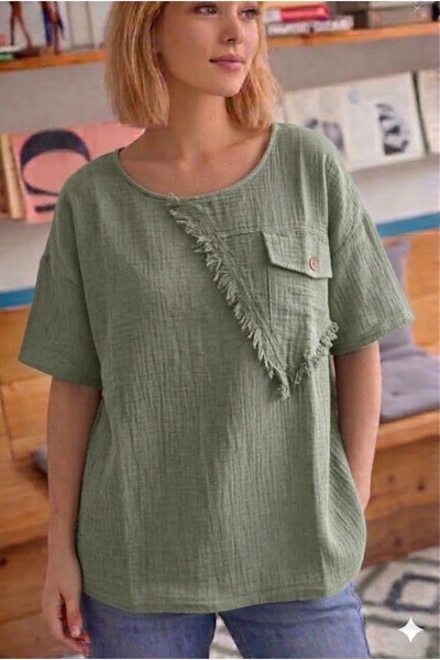 AYASOFYA OTANTIK Γυναικεία μπλούζα χακί με λεπτομέρειες στο τελείωμα/τα μανίκ...