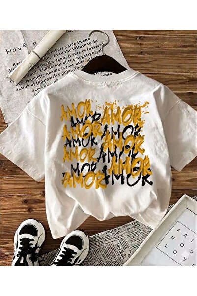 LELVANİ Women's Colorful Amor Text Printed White T-Shirt