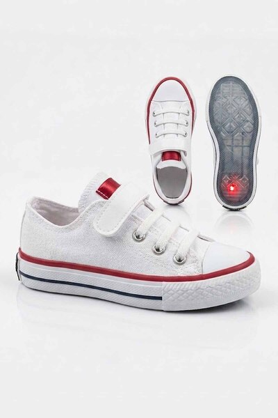 rekorsport Unisex Beyaz Canvas Çocuk Ayakkabısı - Cırt Cırtlı, Işıklı Taban G...