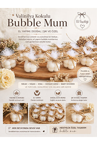 F&A Candle Kişiye Özel El Yapımı Bubble Mum – Vanilya Kokulu Nikah Nişan Kına...