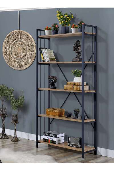 UmkaHome Modern Loft Metal & Ahşap 5 Katlı Dekoratif Kitaplık – 180x90x25 cm
