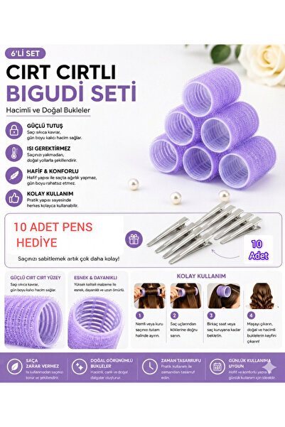 irtihal 6'lı cırtlı yapışkanlı bigudi seti 10'lu pens HEDİYE 4cm çapında
