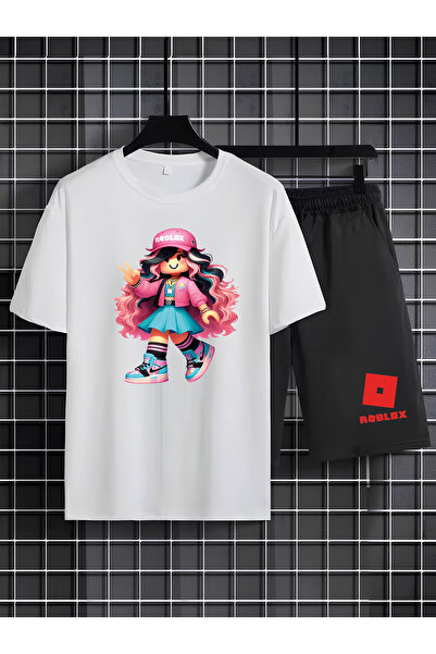 MAGORS Roblox Printed 100% Cotton Crewneck Children's T-Shirt-Shorts Two-Piec...