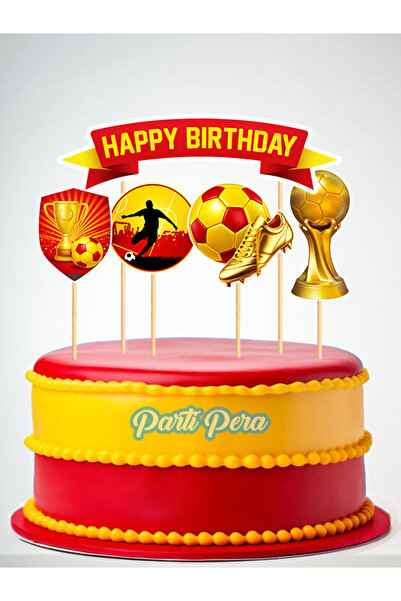 parti pera Sarı Kırmızı Futbol Temalı Pasta Süsü 5 Parça Doğum Günü Pasta Süsü