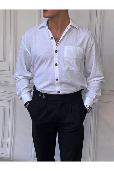 MODEFENDİ Single Pocket Linen Summer Oversize Shirt