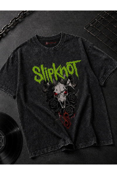 dompulerimoda Yıkamalı Green Slipknot Baskılı Eskitme Unisex Oversize T-shirt