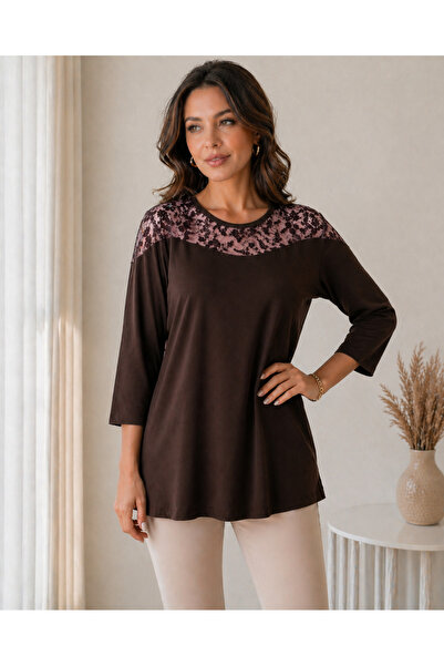 IŞILTI Γυναικεία μπλούζα με τρία τέταρτα μανίκια, λαιμόκοψη ποδηλάτου, τούλι,...