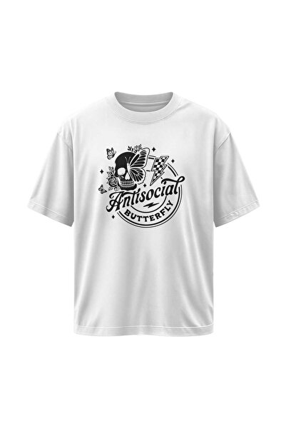 buzagi tasarım ürünleri Antisocial Butterfly Oversize Unisex White T-Shirt