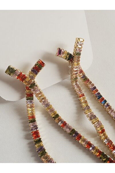 AlminaMia Colorful Baguette Cz Stone Long Pendant Earrings |   Gold Color Pla...