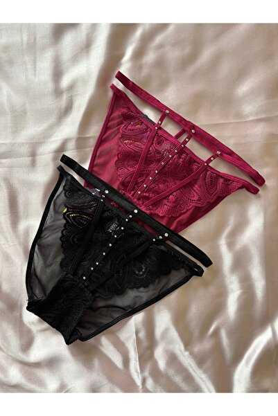 Jassmines Fashion Taşlı Dantelli Kadın Külot 2'li Paket