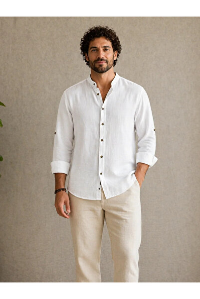 FıttingRoom Oversized Apolet Folded Cotton Muslin White Judge Collar Shirt