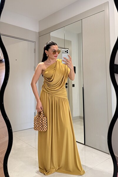 Gizem Ecemiş Melodie Olive Drapeli Tek Omuz Elbise