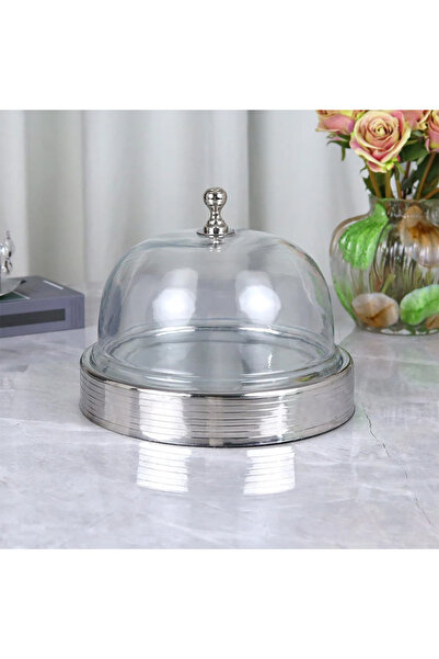 Al Hadaya Mall Cake Serving Plate with Glass Lid - Silver - 28x28x23cm