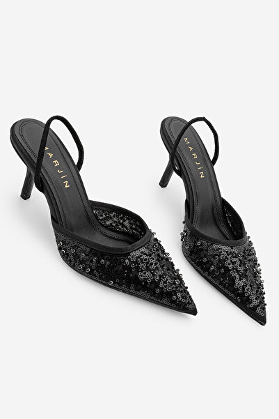 Marjin Γυναικεία παπούτσια στιλέτο με παγιέτες, κεντημένα με χάντρες, ελαστικ...