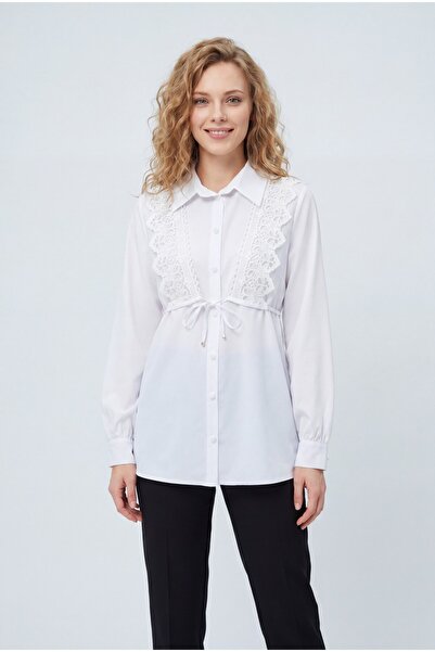 MİYALORA Dantel Detaylı Düğme Poplin Gömlek - Beyaz