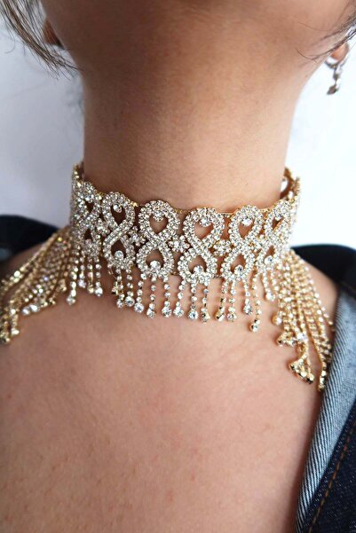 Takıştıtak Altın Renk Taş Detaylı Tasarım Choker Kolye