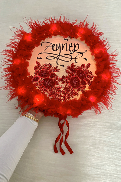 ZEYMERADE Kırmızı Ledli Gelin Tefi 32cm, Üç Boyutlu Çiçekli Parlak Taş Ve Tüy...