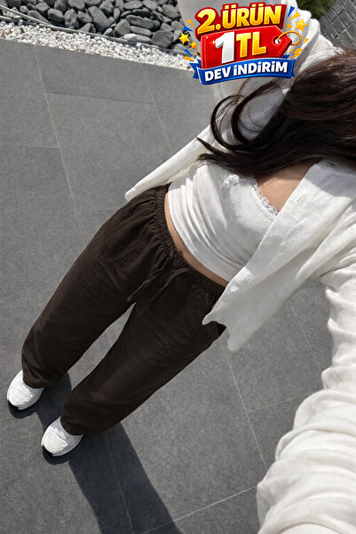 DAMGA JEANS Γυναικείο Premium Jogger Relax Fit Καλοκαιρινό Σκούρο Καφέ Λινό Π...