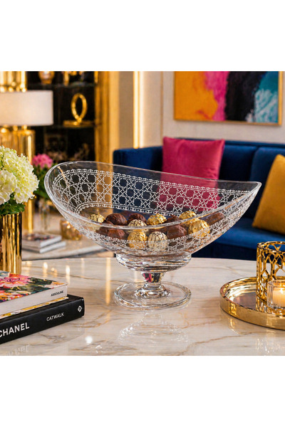 Byblos ✨ Luxury Serving Plate with Stand - Crystal Glass Carved Design Elegan...