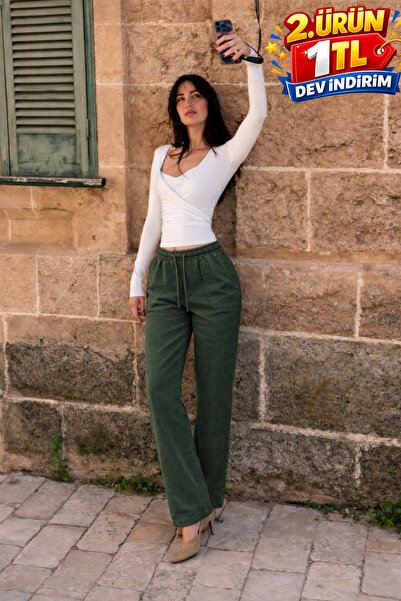 DAMGA JEANS Γυναικείο Παντελόνι Jogger K.Haki από Λινό με Ελαστική Μέση