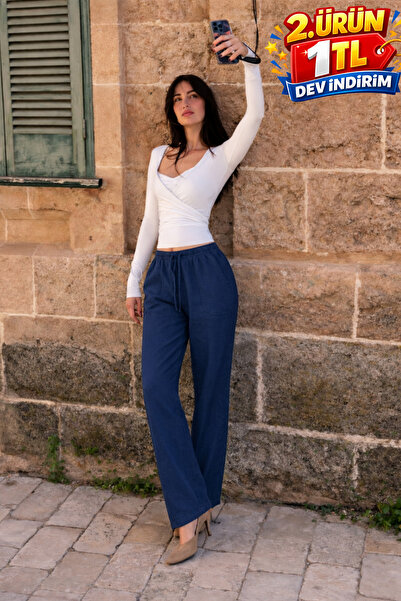 DAMGA JEANS Γυναικείο λινό παντελόνι Jogger με ελαστική μέση σε σκούρο μπλε χ...