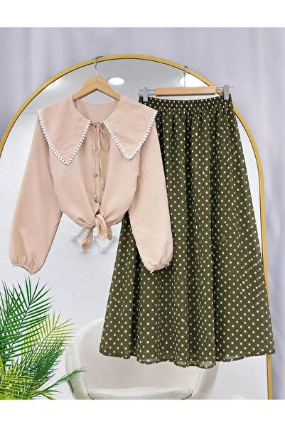 MODA VEDAT Γυναικείο Σετ Πουά Φούστας με Λεπτομερή Πουκάμισο -0670
