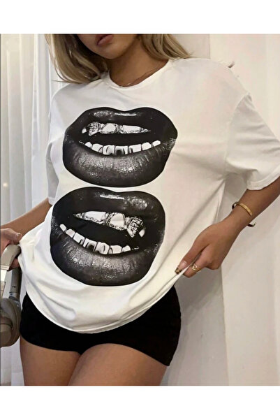 Oceanwear Rock Design Lip Printed Short Sleeve Crew Neck White Unisex Tshirt