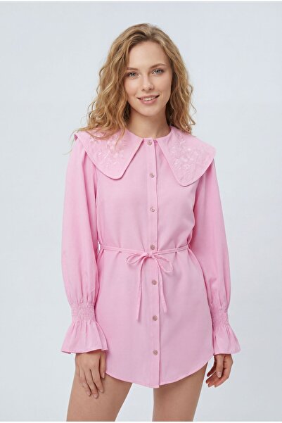 MİYALORA Bebe Yaka Bağlamalı Nakışlı Poplin Gömlek - Pembe
