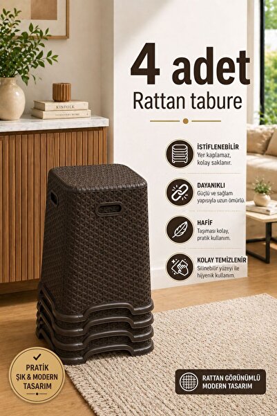 Funny Life 4 Adet Hobby Life Rattan Desenli Tabure - Kaydırmaz Tabanlı Lüks T...