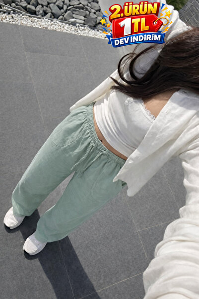 DAMGA JEANS Γυναικείο Premium Jogger Relax Fit Καλοκαιρινό Παντελόνι από Λινό...