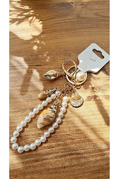 FASHİON JEWELRY İnci ve Deniz Kabuğu Detaylı Gold Anahtarlık