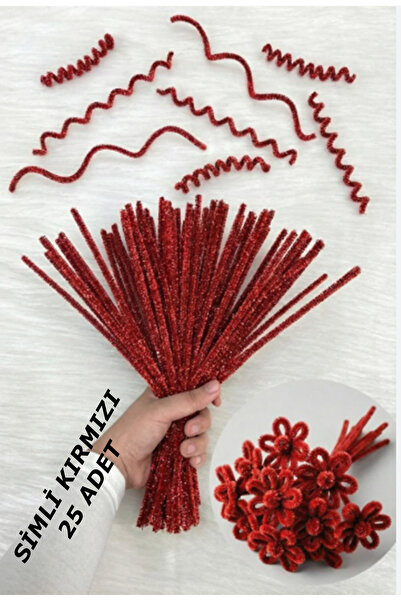 Kezban Tekstil 25 ADET KIRMIZI Simli Şönil 30cm, Tüylü Kadife Tel, El İşi, Çi...
