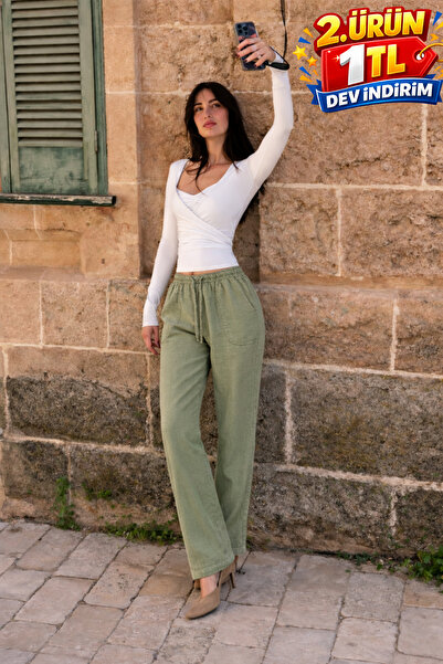 DAMGA JEANS Γυναικείο παντελόνι Jogger από πράσινο λινό με ελαστική μέση