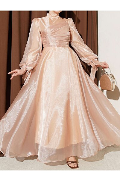 Lavanta Tekstil Pleated Tulle Evening Dress with Front Pleats