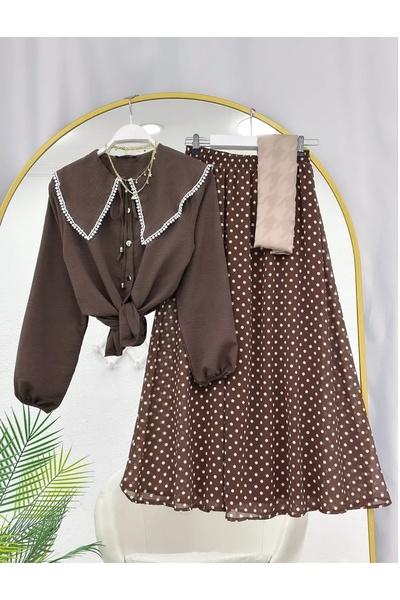 MODA VEDAT Γυναικείο Σετ Πουά Φούστας με Λεπτομερή Πουκάμισο -0670