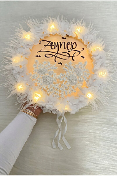 ZEYMERADE Beyaz Ledli Gelin Tefi 32cm, Üç Boyutlu Çiçekli Parlak Taş Ve Tüy S...