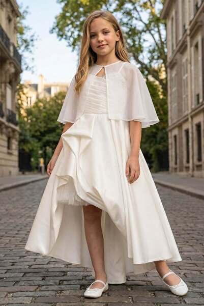 Pamina Κοριτσίστικο Κομψό Σατέν Φόρεμα με Διαφανή Κάπα, Εκρού, για Ηλικίες 8-...