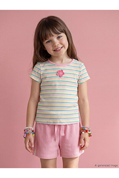 LC Waikiki Peak New Season Crew Neck Striped Girls' Ribbed T-Shirt