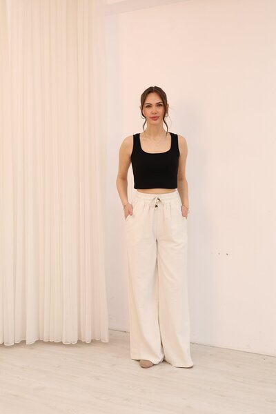 sahraozluk Lace-Up Elastic Waist High Waist Trousers Ecru