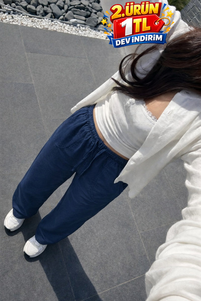 DAMGA JEANS Γυναικείο παντελόνι από λινό σε μπλε ναυτικό χρώμα, Premium Jogge...