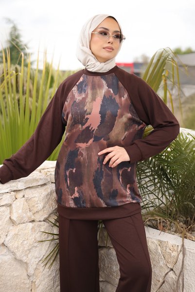 İmajButik Set modal maro cu tunică cu mâneci raglan și pantaloni, cu model batik în față
