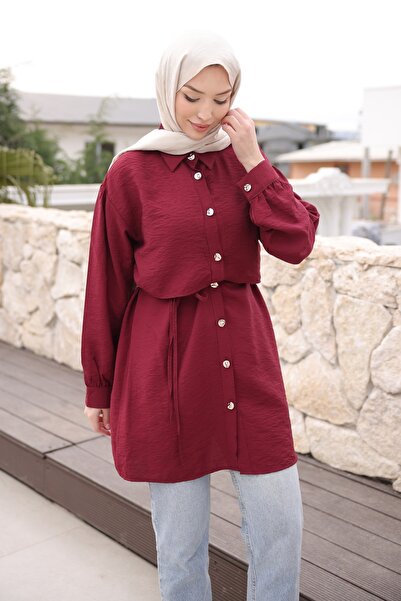 İmajButik Burgundy Tunic with Allergic-Resistant Buttons on the Front