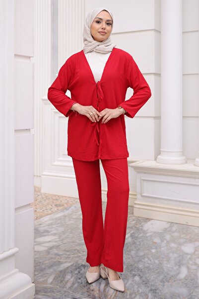 İmajButik Κόκκινο Σετ Κιμονό με Δέσιμο Μπροστά και Παντελόνι