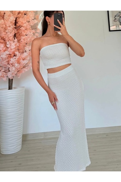 louyan fashion Women's Summer Textured Slim Skirt Strapless Top Set