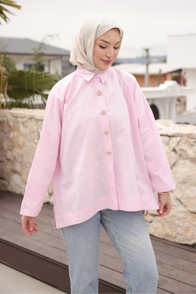 İmajButik Ροζ πουκάμισο με φαρδιά μανίκια και κουμπιά