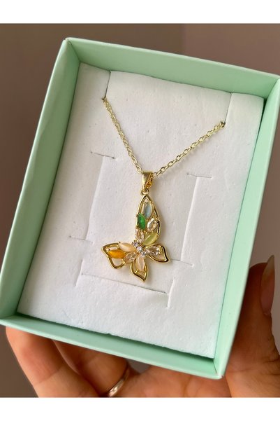 Rose and Light Colorful Jewelled Butterfly Necklace