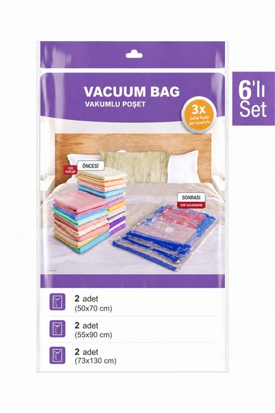 SHARI Vakumlu Hurç Seti 6’lı – Vakum Poşeti Seti Large XLarge XXL– Yer Tasarruflu Saklama Torbası