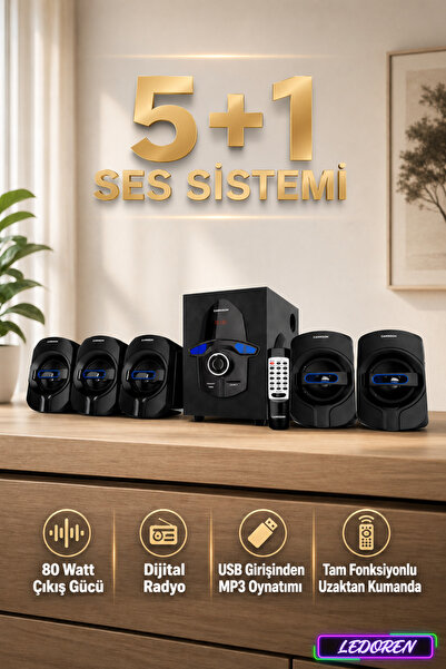L'eDoren TS-52 Bluetooth 5+1 Ses Sistemi – Dijital Ekranlı, USB, FM Radyo, Yü...
